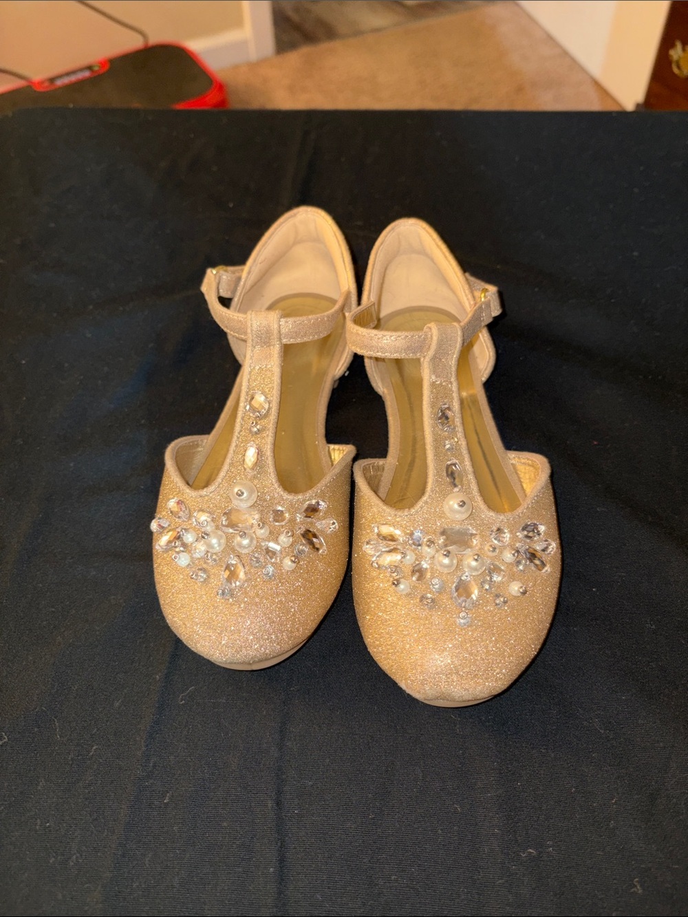 Dream Pairs Girls Gold Glitter T-Strap Dress Shoes with Jewel Accents
